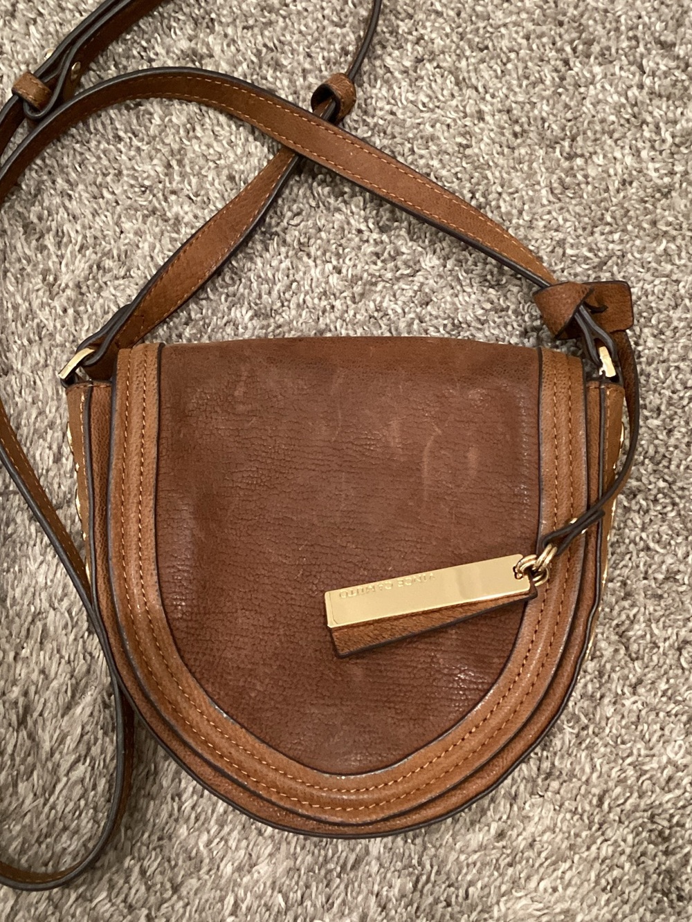 Vince Camuto Brown Leather Crossbody Saddle Bag with Gold-Tone Tag